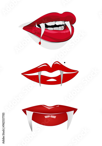 collection of three vampire lips and teeth. Vector image for web or posters. 