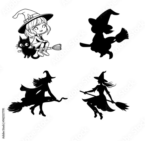 Set of four witch vector images for web, posters, and advertisements for Halloween 