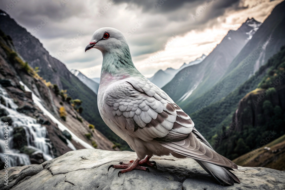 A Grey Dove Perched on a Rock Overlooking a Waterfall and Mountain Range A Grey Dove Perched on a Rock Overlooking a Waterfall and Mountain Range