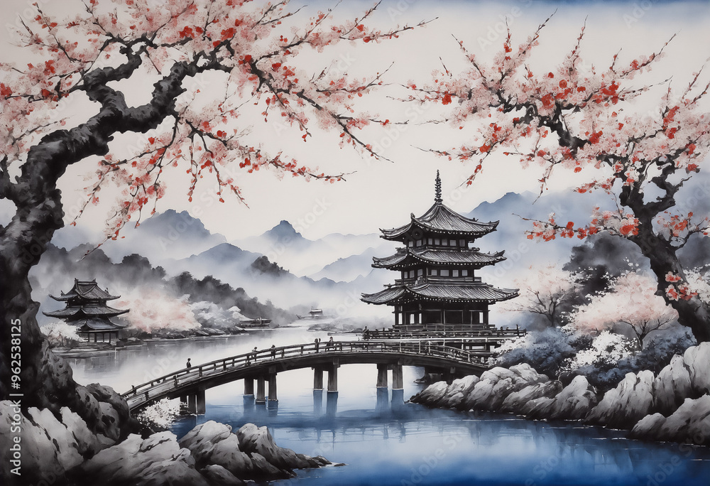 Obraz premium 池に橋が架かりその両側に大きな満開の桜の木が生え奥には仏塔,AI画像,Generative AI