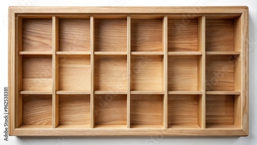 Top view of an empty wooden organizer box with multiple compartments , organization, storage, compartments, empty photo