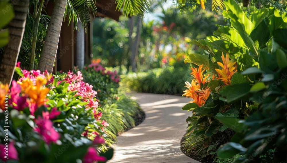 A Stone Path Through Lush Tropical Gardens With Vibrant Flowers A Stone Path Through Lush Tropical Gardens With Vibrant Flowers
