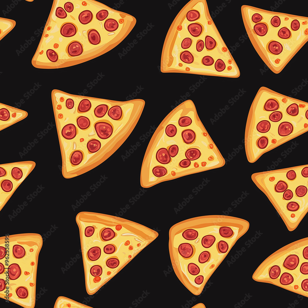 Cute seamless background with pizza slices, black colored background Cute seamless background with pizza slices, black colored background