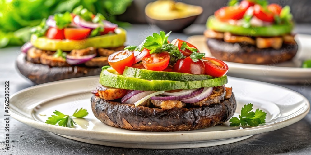 Grilled portobello mushroom stacks topped with tomato, onion, and avocado on a white plate, food, vegetarian, healthy, gourmet Grilled portobello mushroom stacks topped with tomato, onion, and avocado on a white plate, food, vegetarian, healthy, gourmet