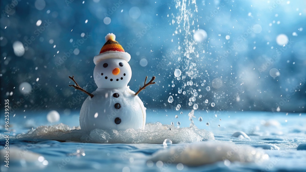 Snowman melting with water droplets in the background, snowman, melting, winter, water droplets, thaw, seasonal, cold Snowman melting with water droplets in the background, snowman, melting, winter, water droplets, thaw, seasonal, cold