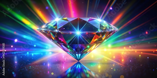 A diamond sparkling with rainbow neon colors on dark background, with prism light flares overlay, diamond photo