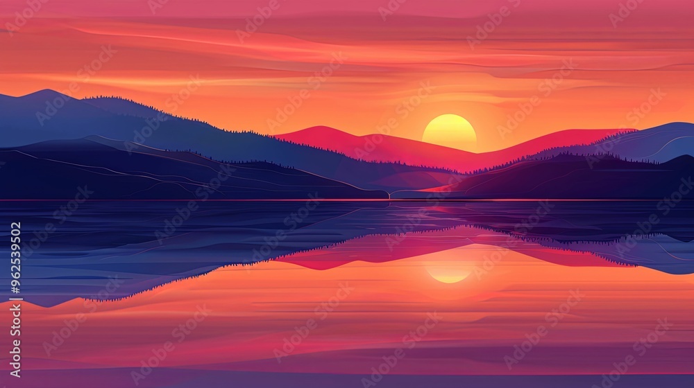Sunset over Mountain Range Reflected in Calm Lake Sunset over Mountain Range Reflected in Calm Lake