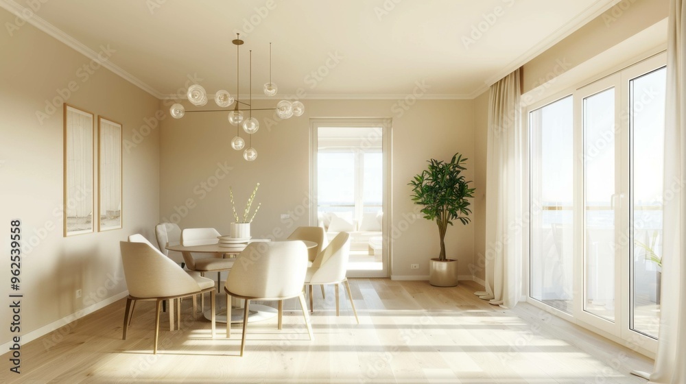 Modern apartment interior with a dining room featuring a table and chairs, alongside an empty living room with beige walls, showcasing minimalist design.
Modern apartment interior with a dining room featuring a table and chairs, alongside an empty living room with beige walls, showcasing minimalist design.