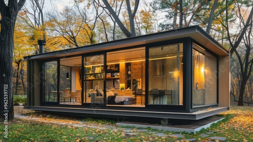 Modern prefab tiny home with glass walls and a cozy interior, blending innovative design with comfort. Prefabricated living concept with open, airy spaces.

