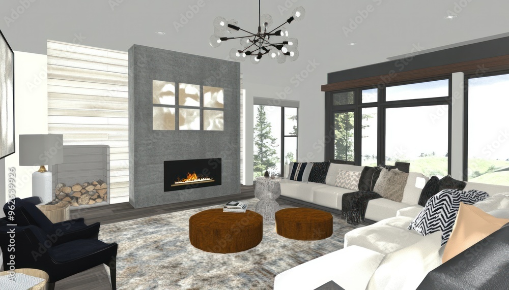 Fototapeta premium Modern Living Room with Fireplace and Large Windows