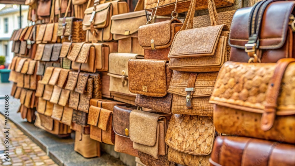 Brown cork wallets and bags displayed at a street market in Porto, Portugal , Portuguese, souvenirs, eco-friendly Brown cork wallets and bags displayed at a street market in Porto, Portugal , Portuguese, souvenirs, eco-friendly