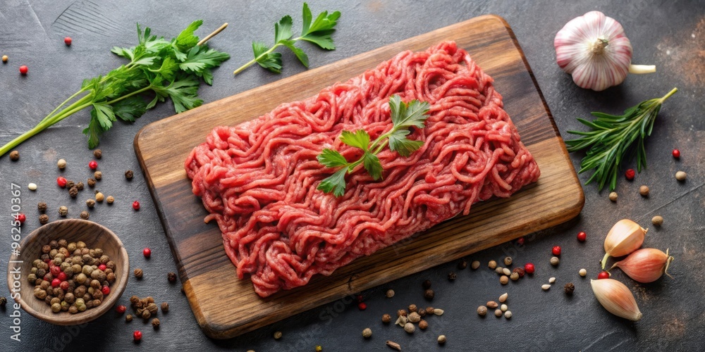 Chopped meat spread out on a table with a variety of cuts and textures, butcher, protein, beef, pork, chicken, lamb, veal Chopped meat spread out on a table with a variety of cuts and textures, butcher, protein, beef, pork, chicken, lamb, veal
