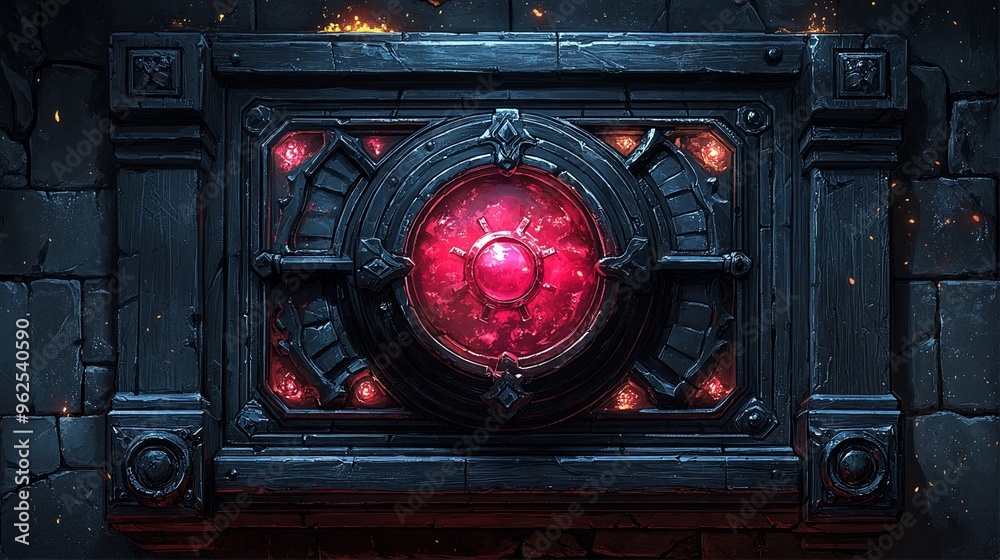 Ancient Dark Portal Enchantment Stone Sealed Doorway Abyss Red Gem Mystical Design