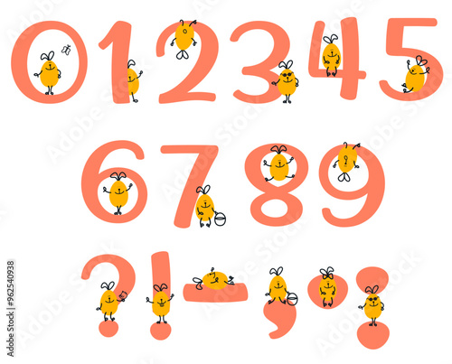 Decorative English numbers and punctuation marks. With funny eggs for Easter. Eggs with arms and legs sit on the numbers