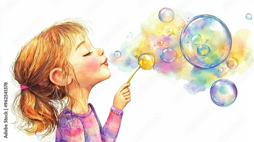 A joyful girl blowing colorful bubbles, capturing the essence of childhood wonder and happiness in a vibrant illustration. A joyful girl blowing colorful bubbles, capturing the essence of childhood wonder and happiness in a vibrant illustration.