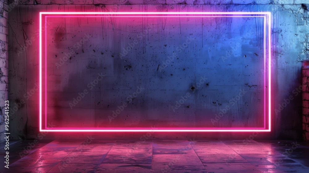 A large neon light glowing blank picture frame against a dark background in an empty room, ideal for event posters, advertising, fashion displays, or nightclub signage.
A large neon light glowing blank picture frame against a dark background in an empty room, ideal for event posters, advertising, fashion displays, or nightclub signage.