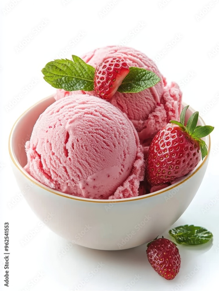 Delicious Strawberry Ice Cream Scoops in a Bowl with Fresh Strawberries and Mint Leaves Delicious Strawberry Ice Cream Scoops in a Bowl with Fresh Strawberries and Mint Leaves