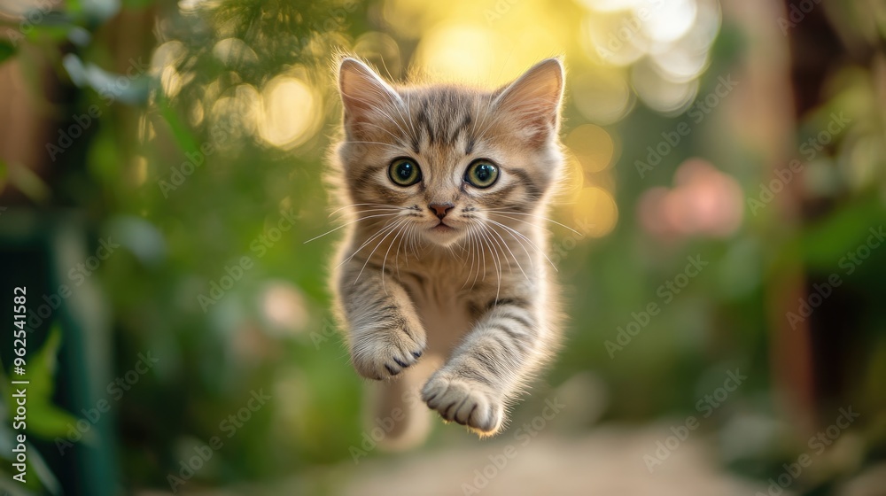 Fototapeta premium A Playful Kitten Leaps Through the Air in a Sunlit Garden