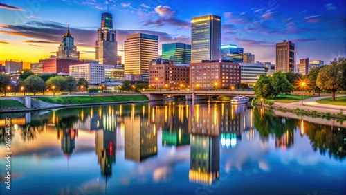 Downtown Omaha skyline at dusk with illuminated buildings and reflections in the Missouri River, Omaha, Nebraska