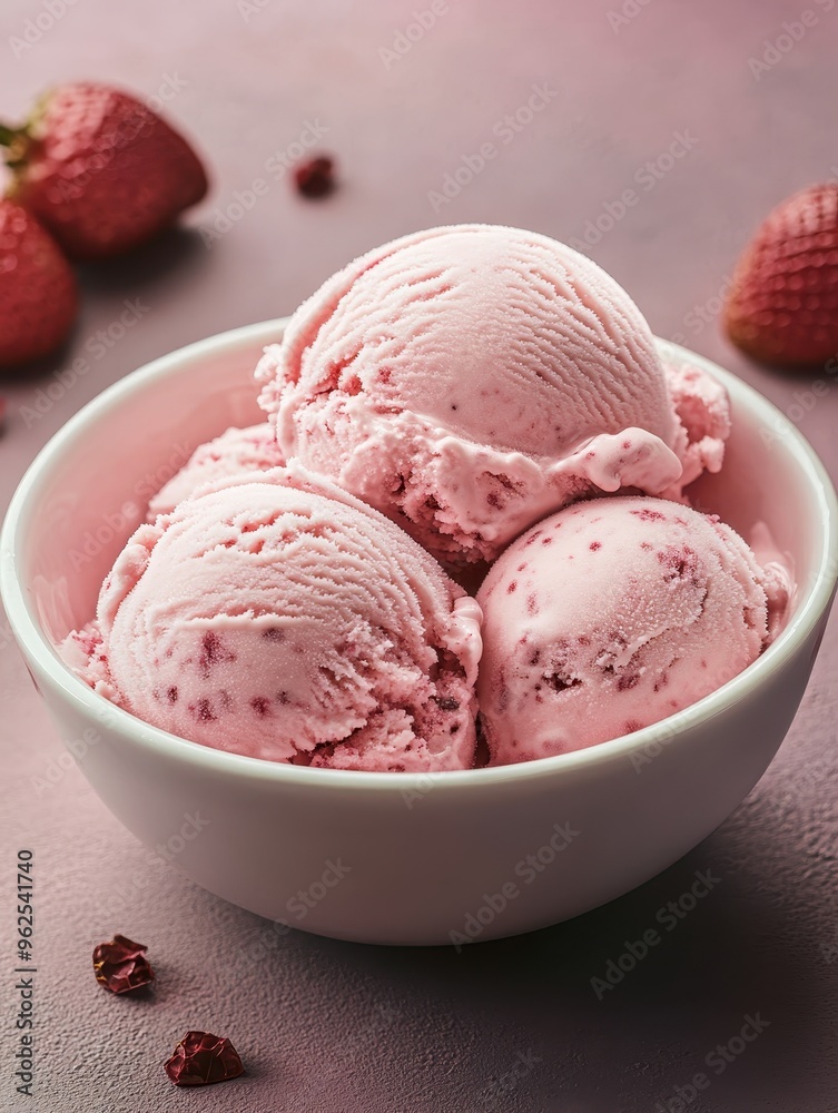 Delicious Strawberry Ice Cream in White Bowl with Fresh Strawberries on Pink Background Delicious Strawberry Ice Cream in White Bowl with Fresh Strawberries on Pink Background