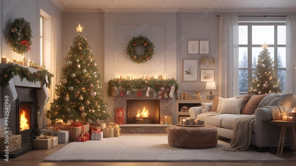 Naklejka premium christmas tree with fireplace