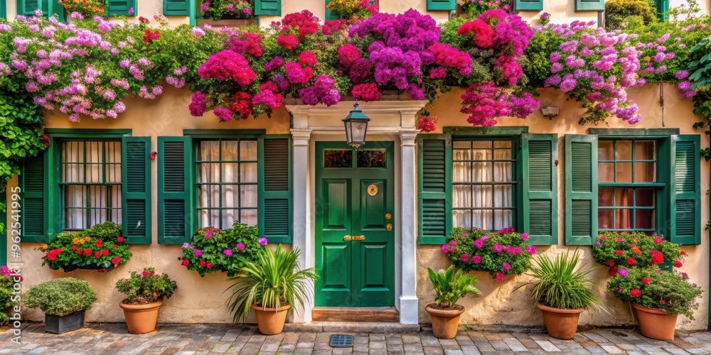 Charming colonial house facade with blooming flowers , colonial, house, facade, flowers, charming, exterior, architecture Charming colonial house facade with blooming flowers , colonial, house, facade, flowers, charming, exterior, architecture