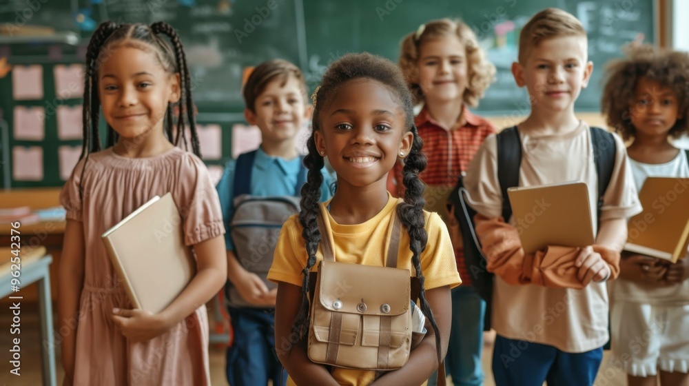 Portrait of cheerful, diverse schoolchildren smiling and holding notebooks and backpacks in a classroom, celebrating the reopening of school. Portrait of cheerful, diverse schoolchildren smiling and holding notebooks and backpacks in a classroom, celebrating the reopening of school.