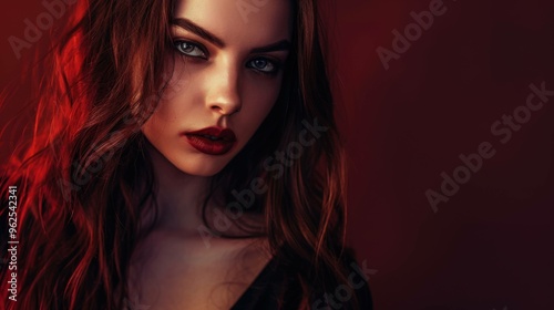 Portrait of an alluring woman dressed as a vampire, with a bloody and eerie look, standing against a dark maroon background with space for copy