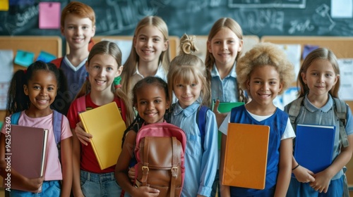 Portrait of cheerful, diverse schoolchildren smiling and holding notebooks and backpacks in a classroom, celebrating the reopening of school.