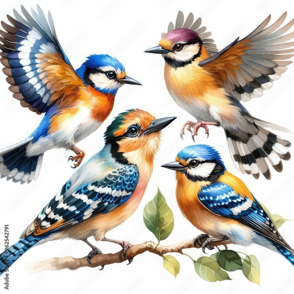 Fototapeta premium watercolor painting of 4 birds colour illustration white background