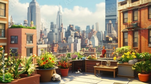 Rooftop Garden in the City with Cityscape in the Background