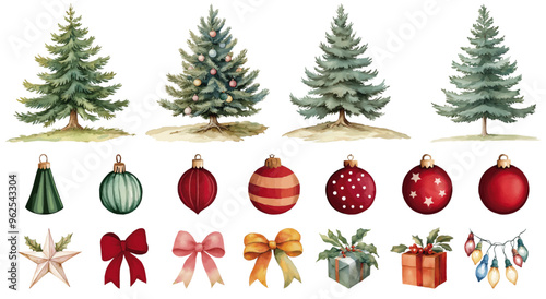 Watercolour clipart of a Christmas Tree on a white background, Vector, drawing, illustration, clip art 