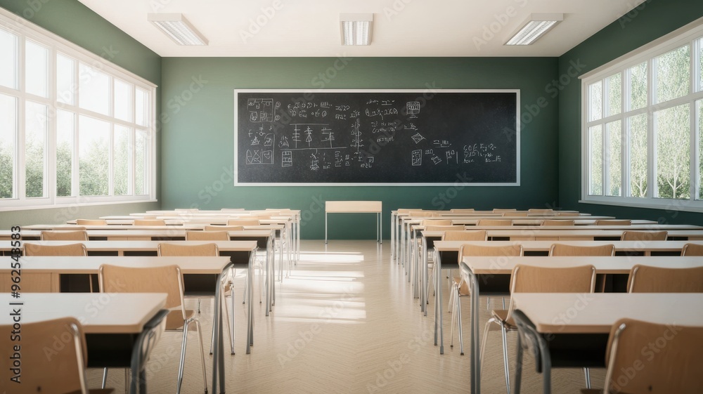 A bright, modern classroom featuring desks, chairs, and a large blackboard, perfect for educational concepts and settings. A bright, modern classroom featuring desks, chairs, and a large blackboard, perfect for educational concepts and settings.