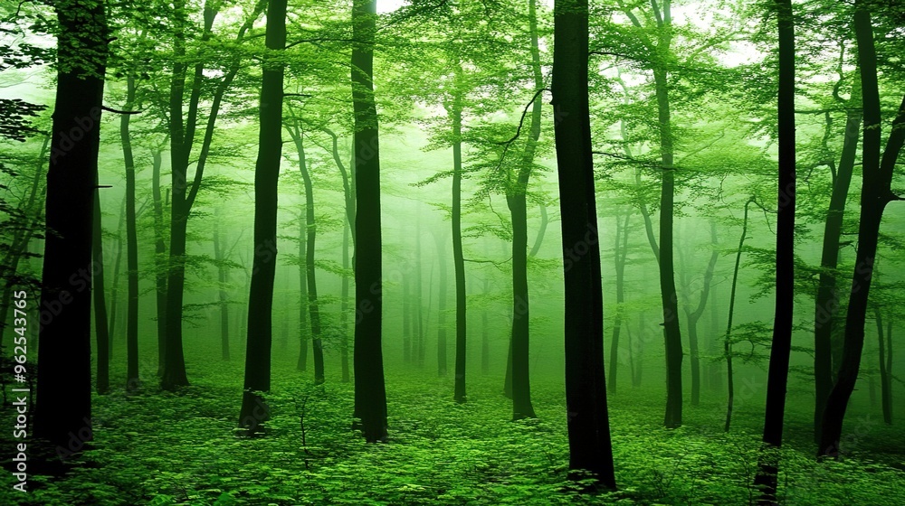 Obraz premium Serene Forest Landscape with Lush Greenery. This image depicts a tranquil forest scene, showcasing dense trees and vibrant foliage. 