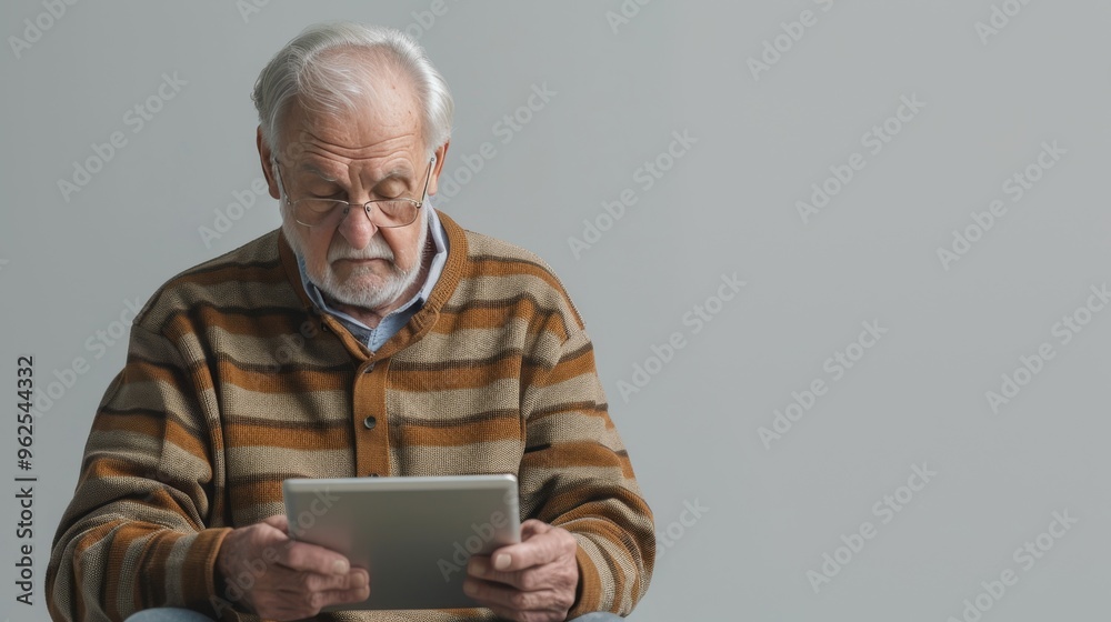 A serious-looking elderly man with glasses and a striped sweater intently uses a tablet against a plain gray background. His focused expression suggests deep engagement with the digital device. A serious-looking elderly man with glasses and a striped sweater intently uses a tablet against a plain gray background. His focused expression suggests deep engagement with the digital device.