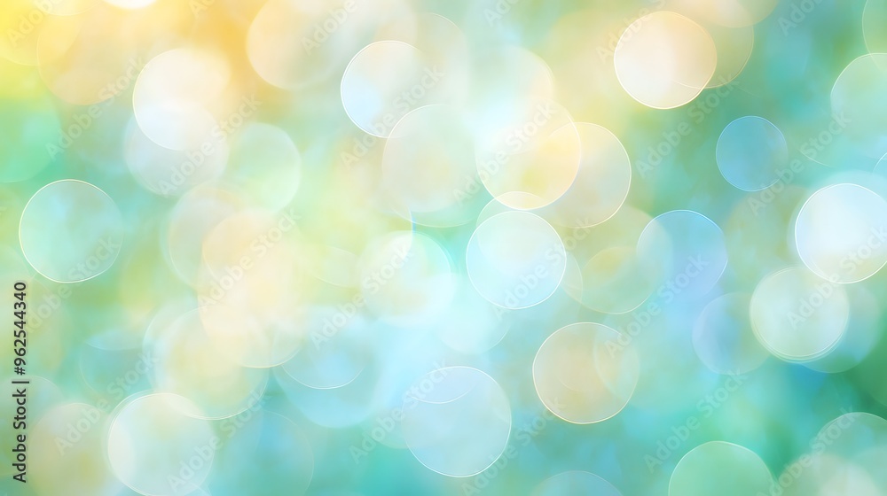Obraz premium A soft, dreamy bokeh background with overlapping circles in pastel shades of blue, green, and yellow. The abstract light effect creates a soothing and airy atmosphere, perfect for serene designs.