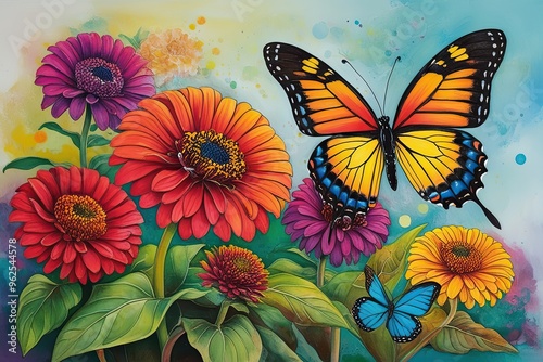 Whimsical Tropical Morpho Butterfly Dancing Above Colorful Zinnia Flowers in Vibrant Mixed Media Illustration