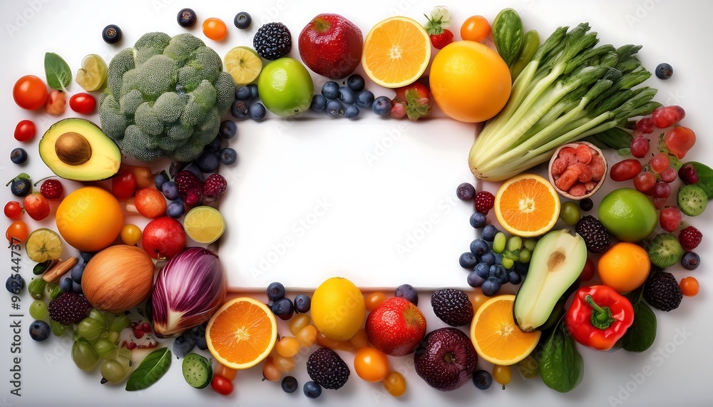 Scattered Vegan Produce with White Space - mockup with a scattered arrangement of colorful vegan produce, including berries, grapes, zucchini, spinach, and citrus fruits. Graphic art illustration