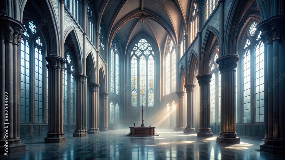 Foggy Gothic chapel interior with tall windows and columns, Foggy, Gothic, ancient, chapel, tall windows, columns, empty Foggy Gothic chapel interior with tall windows and columns, Foggy, Gothic, ancient, chapel, tall windows, columns, empty