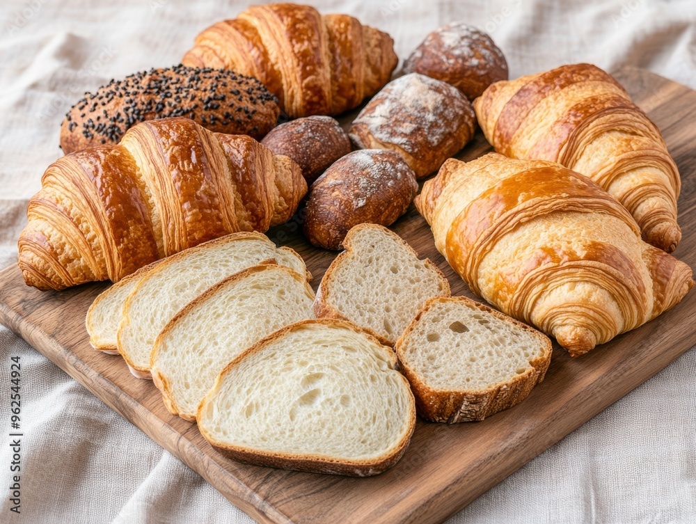 A delightful assortment of freshly baked breads and croissants beautifully arranged on a wooden board, perfect for breakfast.