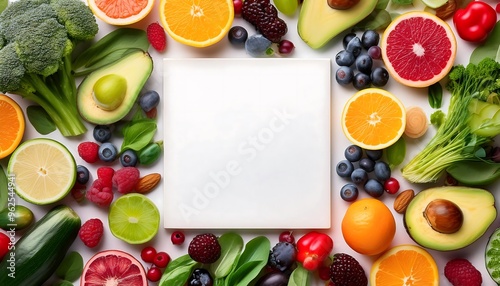 Scattered Vegan Produce with White Space - mockup with a scattered arrangement of colorful vegan produce, including berries, grapes, avocado, spinach, and citrus fruits. Graphic art illustration
