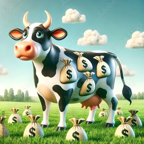 Cow with Money Bags Instead of Spots in Creative Financial Concept and Wealth Symbolism photo