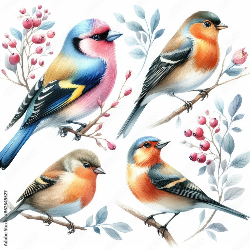 Fototapeta premium watercolor painting of 4 birds colour illustration white background