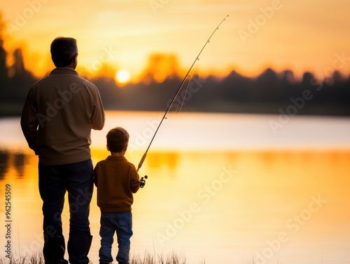 A heartwarming scene of a father and son fishing together at sunset, highlighting the bond of love and nature's beauty. photo