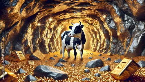 Cow in a Gold Mine with Creative Financial Concept and Wealth Symbolism photo