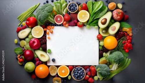 Scattered Vegan Produce with White Space - mockup with a scattered arrangement of colorful vegan produce, including berries, grapes, and citrus fruits. Graphic art illustration