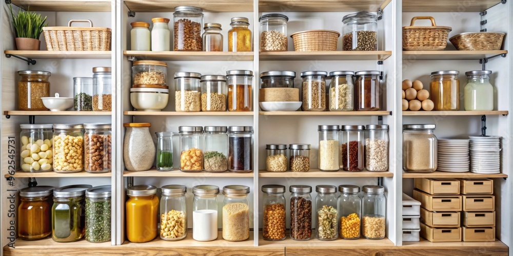 An organized pantry filled with cooking essentials , organized, kitchen, ingredients, spices, dry goods, supplies