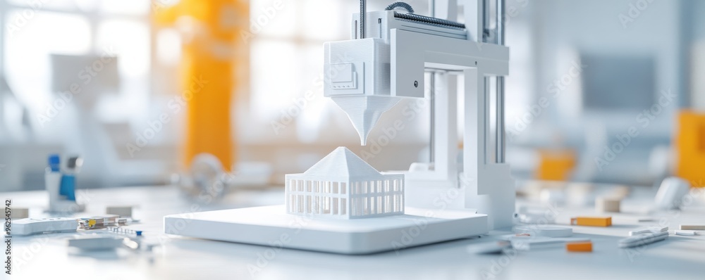 A modern 3D printer creating a detailed architectural model, showcasing innovation in design and technology.