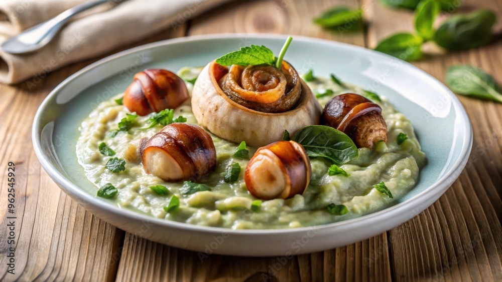 Creamy parsnip risotto topped with bacon-wrapped snails in a spinach cream sauce, parsnip, risotto, snails, bacon, spinach Creamy parsnip risotto topped with bacon-wrapped snails in a spinach cream sauce, parsnip, risotto, snails, bacon, spinach