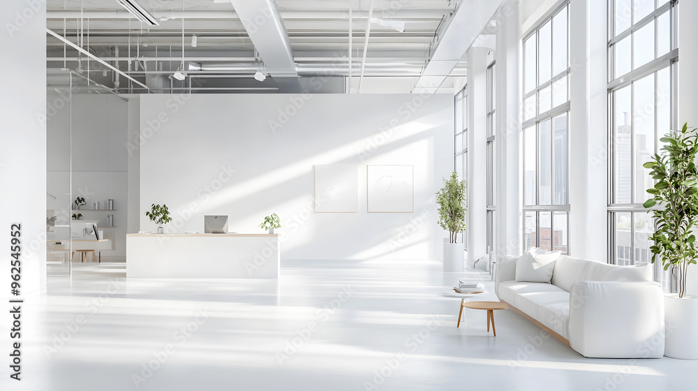 3D white office space with clean walls, minimalist furniture, and large windows flooding the room with natural light 3D white office space with clean walls, minimalist furniture, and large windows flooding the room with natural light